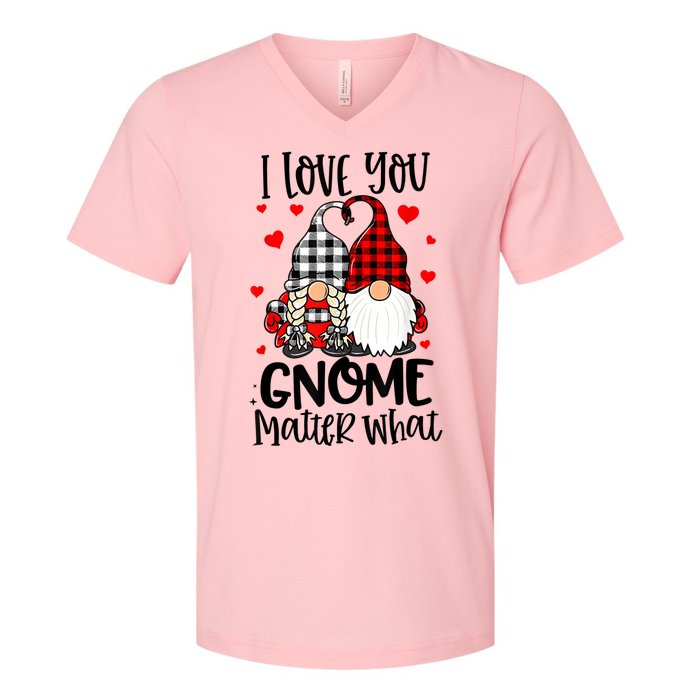 I Love You Gnome Matter What Buffalo Plaid Valentine's Day V-Neck T-Shirt