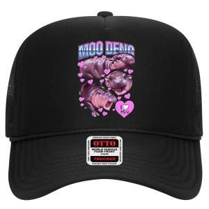 I Love You Moo Deng Cute Funny Hippo High Crown Mesh Back Trucker Hat