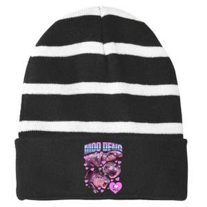 I Love You Moo Deng Cute Funny Hippo Striped Beanie with Solid Band