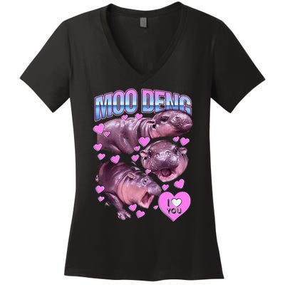 I Love You Moo Deng Cute Funny Hippo Women's V-Neck T-Shirt