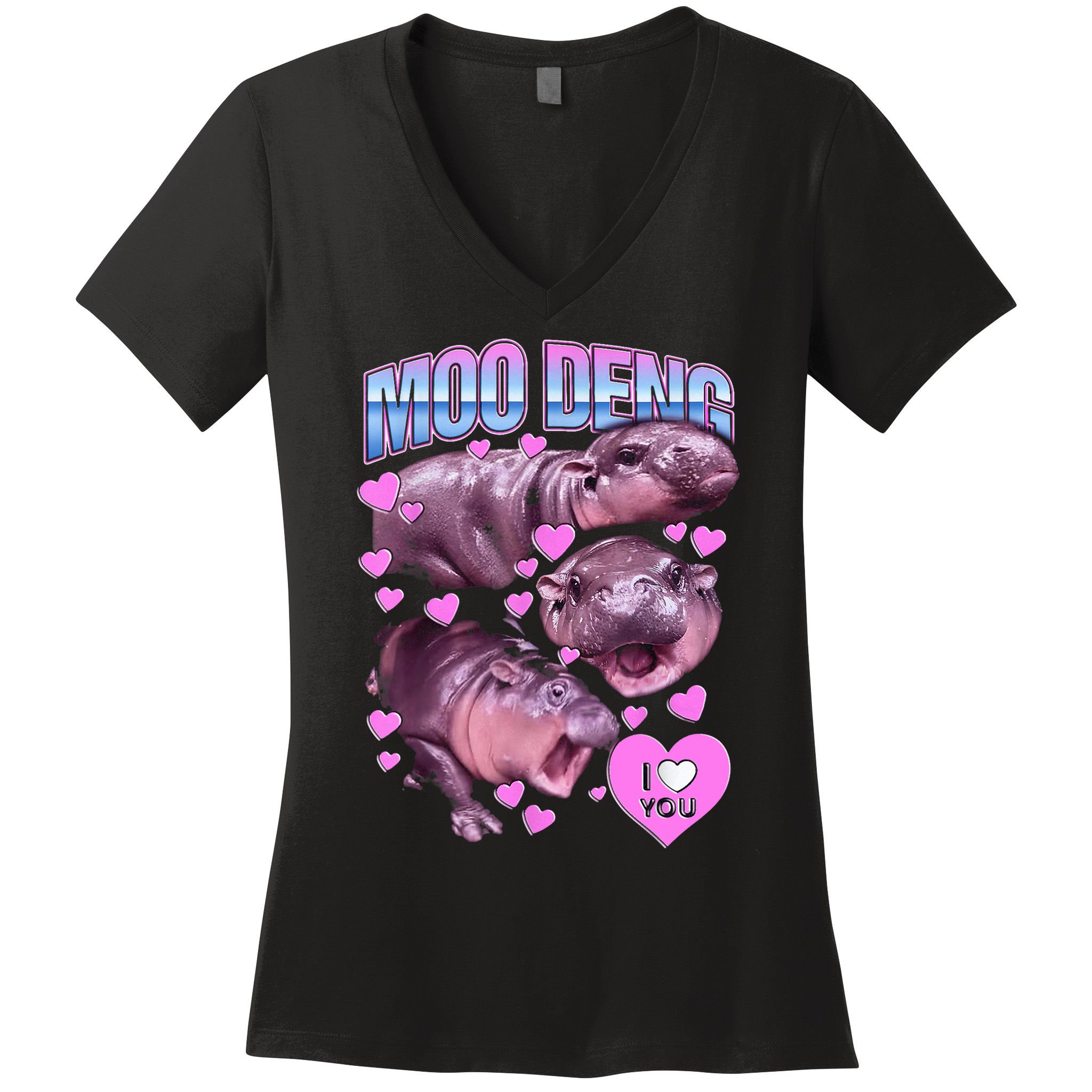 I Love You Moo Deng Cute Funny Hippo Women's V-Neck T-Shirt