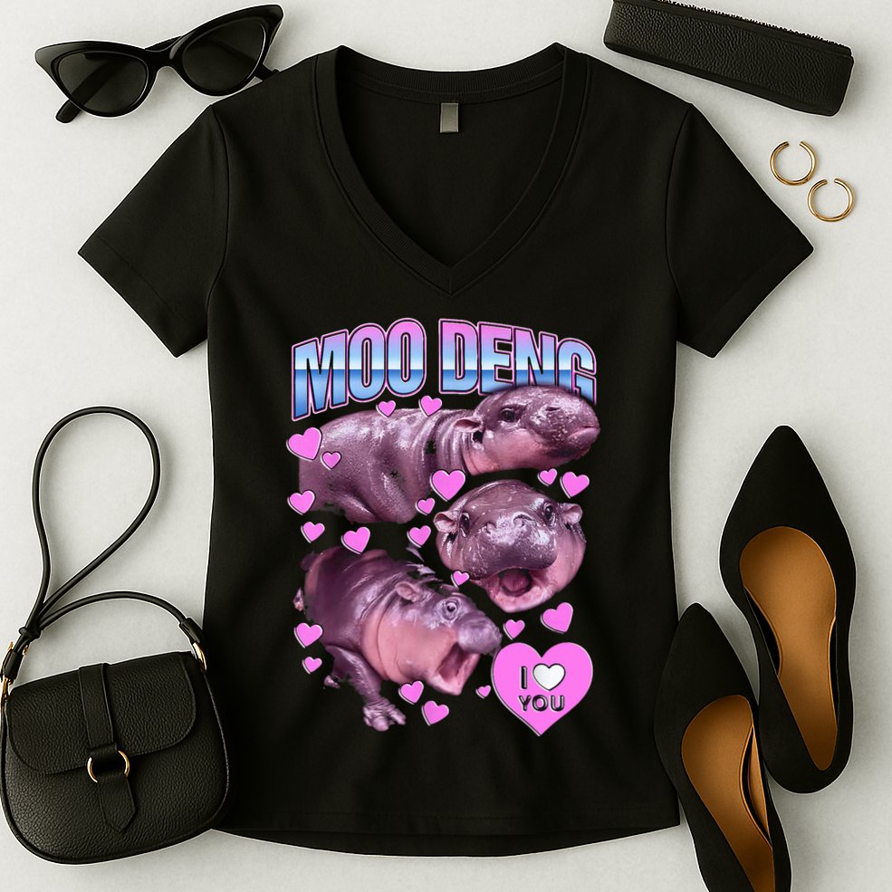 I Love You Moo Deng Cute Funny Hippo Women's V-Neck T-Shirt