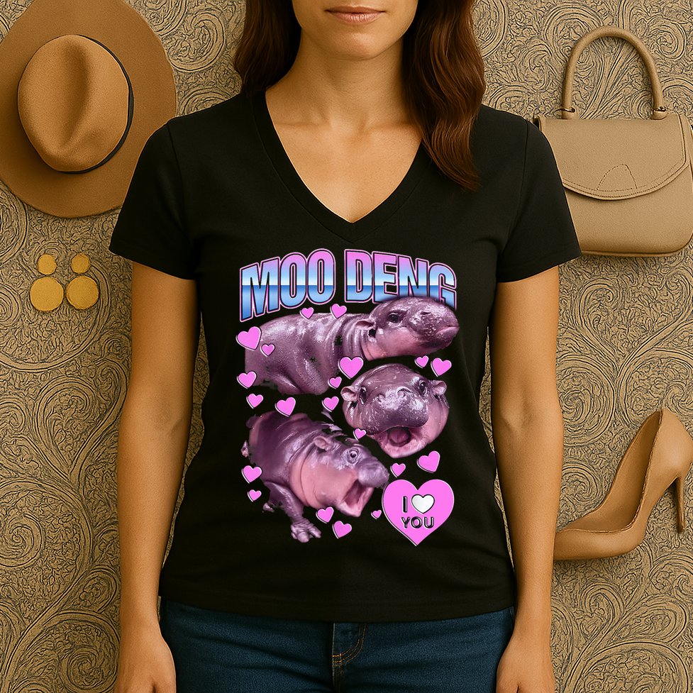 I Love You Moo Deng Cute Funny Hippo Women's V-Neck T-Shirt