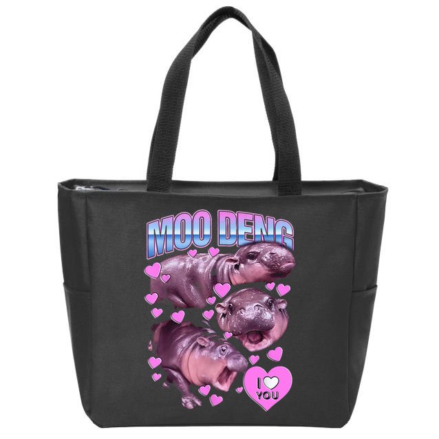 I Love You Moo Deng Cute Funny Hippo Zip Tote Bag