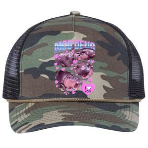 I Love You Moo Deng Cute Funny Hippo Retro Rope Trucker Hat Cap