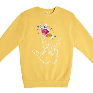 I Love You Hand Sign Language Butterfly Autism Awareness Great Gift Premium Crewneck Sweatshirt