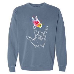 I Love You Hand Sign Language Butterfly Autism Awareness Great Gift Garment-Dyed Sweatshirt