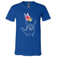 I Love You Hand Sign Language Butterfly Autism Awareness Great Gift V-Neck T-Shirt