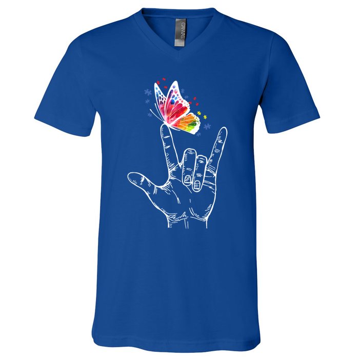 I Love You Hand Sign Language Butterfly Autism Awareness Great Gift V-Neck T-Shirt