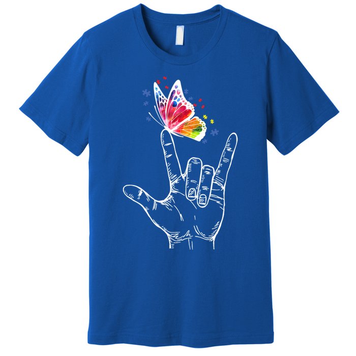 I Love You Hand Sign Language Butterfly Autism Awareness Great Gift Premium T-Shirt