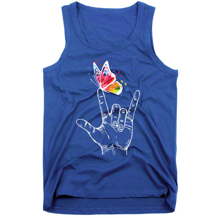 I Love You Hand Sign Language Butterfly Autism Awareness Great Gift Tank Top