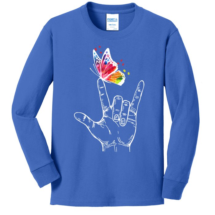 I Love You Hand Sign Language Butterfly Autism Awareness Great Gift Kids Long Sleeve Shirt