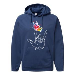 I Love You Hand Sign Language Butterfly Autism Awareness Great Gift Performance Fleece Hoodie