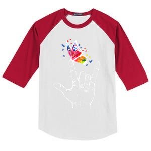 I Love You Hand Sign Language Butterfly Autism Awareness Great Gift Kids Colorblock Raglan Jersey