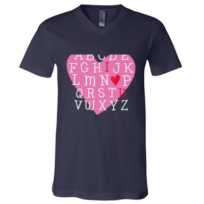 I LOVE YOU Valentines Day Alphabet Teacher Student School V-Neck T-Shirt