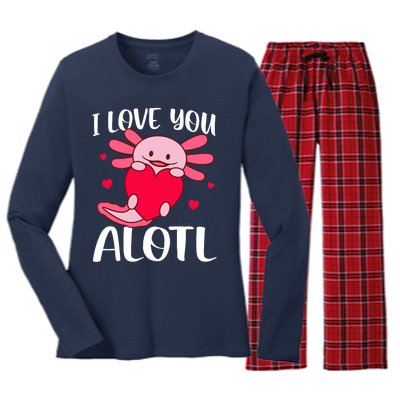 I Love You Alotl Heart Funny Valentines Day Axolotl Girl Women's Long Sleeve Flannel Pajama Set 