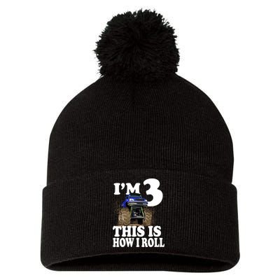 I'm 3 This Is How I Roll Monster Truck Pom Pom 12in Knit Beanie