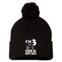 I'm 3 This Is How I Roll Monster Truck Pom Pom 12in Knit Beanie