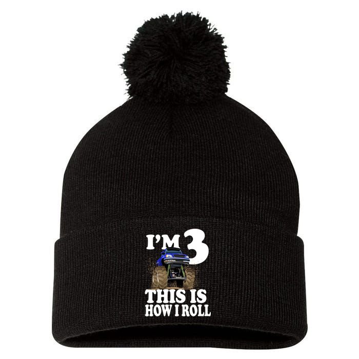 I'm 3 This Is How I Roll Monster Truck Pom Pom 12in Knit Beanie