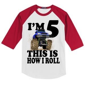 I'm 5 This Is How I Roll Monster Truck Kids Colorblock Raglan Jersey