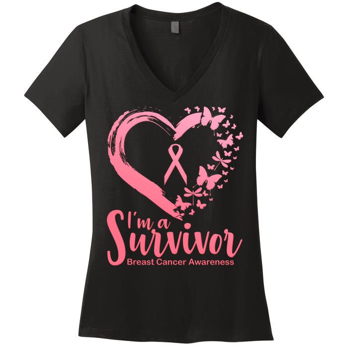 I'm a Survivor Breast Cancer Awareness Butterfly Women's V-Neck T-Shirt