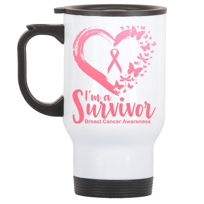 I'm a Survivor Breast Cancer Awareness Butterfly Stainless Steel Travel Mug