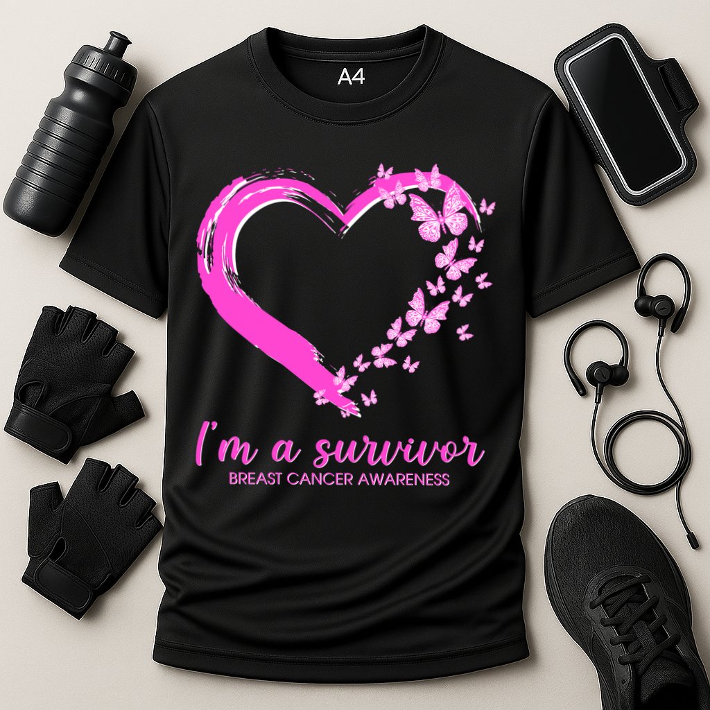 I'm a Survivor Breast Cancer Awareness Butterfly Heart Cooling Performance Crew T-Shirt