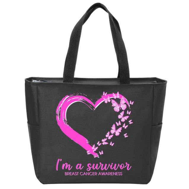 I'm a Survivor Breast Cancer Awareness Butterfly Heart Zip Tote Bag