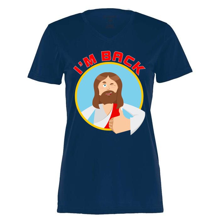 I'm Back Funny Easter Jesus He is Risen Women's Momentum V-Neck T-Shirt