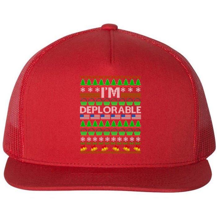 I'm Deplorable Donald Trump Ugly Christmas Sweater Design Flat Bill Trucker Hat