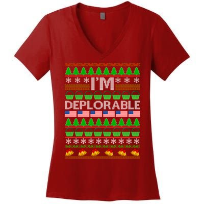 I'm Deplorable Donald Trump Ugly Christmas Sweater Design Women's V-Neck T-Shirt