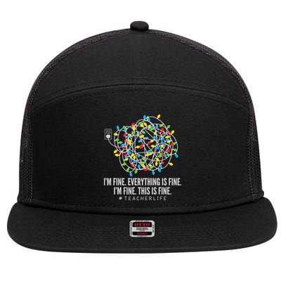 I'm Fine Everything Is Fine Teacher Life Christmas Lights 7 Panel Mesh Trucker Snapback Hat