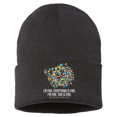 I'm Fine Everything Is Fine Teacher Life Christmas Lights Sustainable Knit Beanie