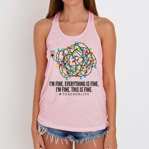 I'm Fine Everything Is Fine Teacher Life Christmas Lights Women's Knotted Racerback Tank