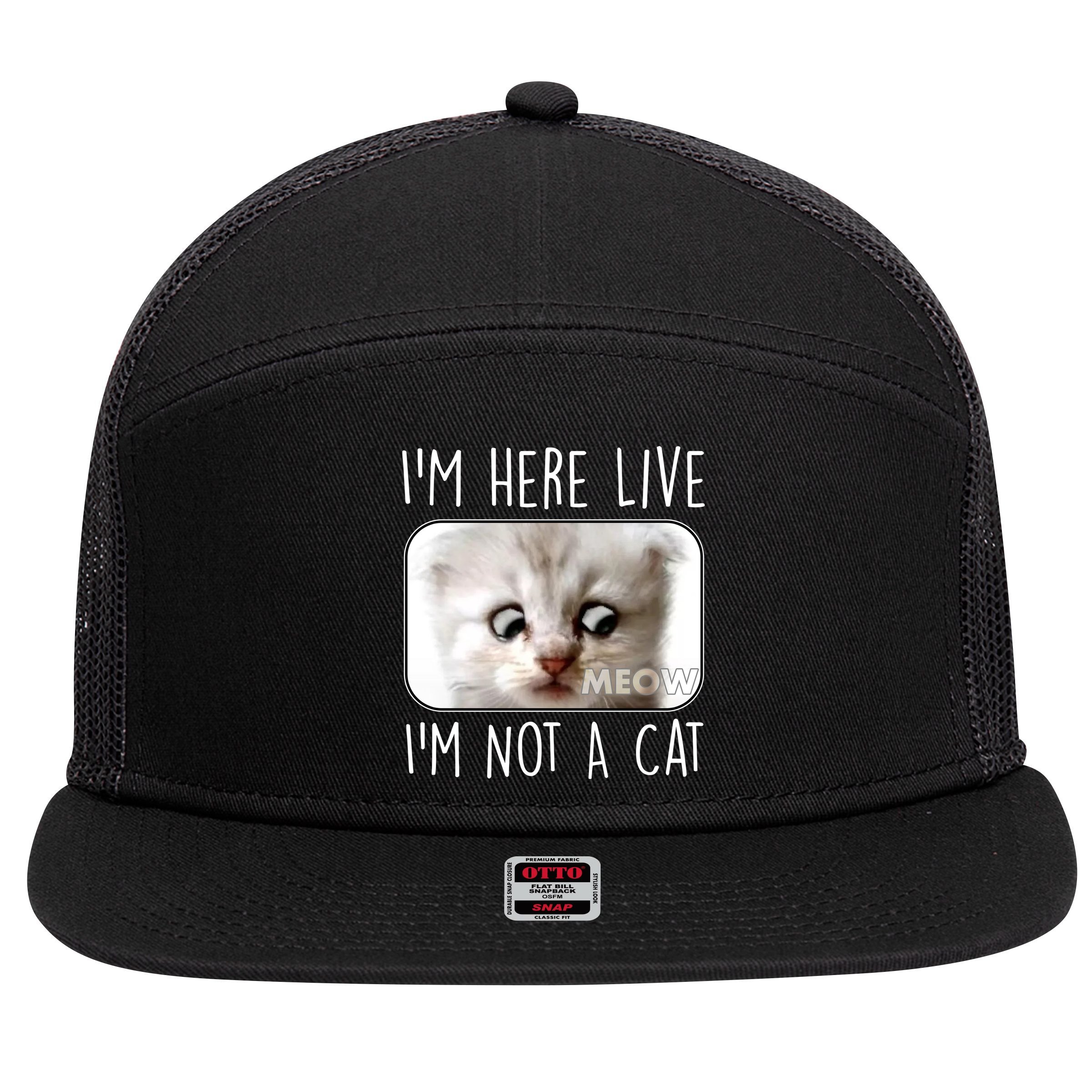I'm Here Live I'm Not A Cat Zoom Lawyer Cat Meme 7 Panel Mesh Trucker Snapback Hat
