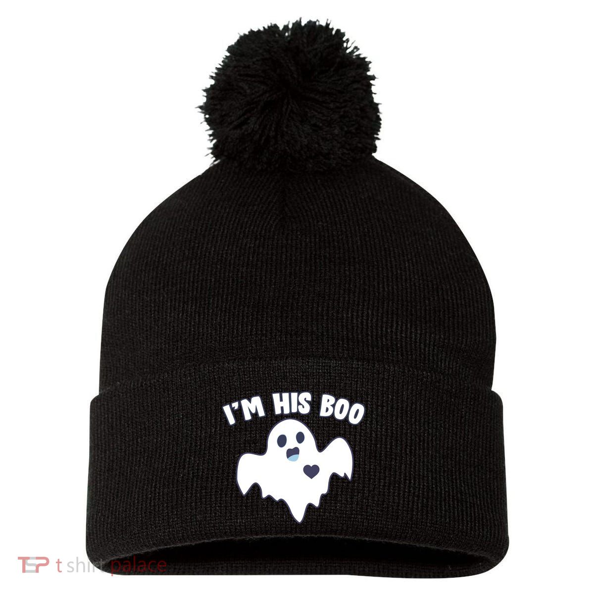 I'm His Boo Matching Halloween Pom Pom 12in Knit Beanie