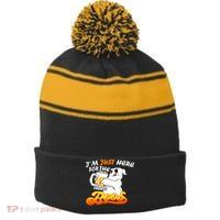 I'm Just Here For the Boos Fun Halloween Stripe Pom Pom Beanie