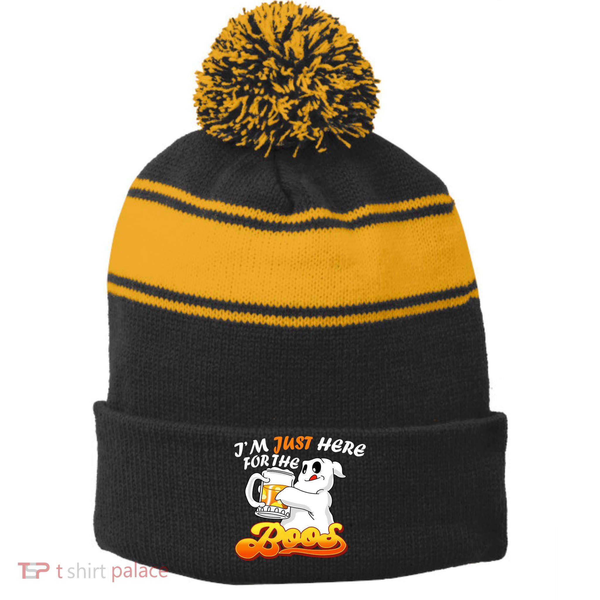 I'm Just Here For the Boos Fun Halloween Stripe Pom Pom Beanie