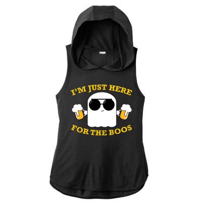 I'm Just Here for the Boos Funny Halloween Beer Ghost Emoji Ladies PosiCharge Tri-Blend Wicking Draft Hoodie Tank