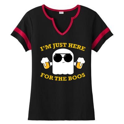 I'm Just Here for the Boos Funny Halloween Beer Ghost Emoji Ladies Halftime Notch Neck Tee