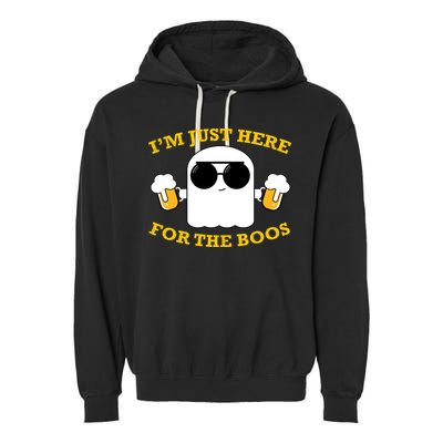 I'm Just Here for the Boos Funny Halloween Beer Ghost Emoji Garment-Dyed Fleece Hoodie