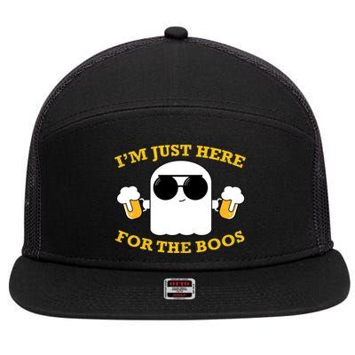 I'm Just Here for the Boos Funny Halloween Beer Ghost Emoji 7 Panel Mesh Trucker Snapback Hat