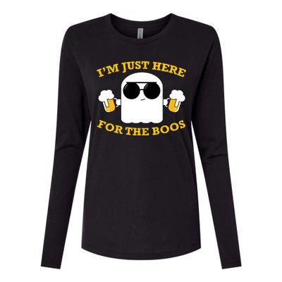 I'm Just Here for the Boos Funny Halloween Beer Ghost Emoji Womens Cotton Relaxed Long Sleeve T-Shirt