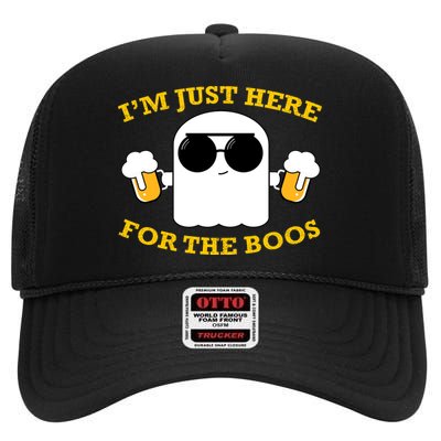 I'm Just Here for the Boos Funny Halloween Beer Ghost Emoji High Crown Mesh Back Trucker Hat