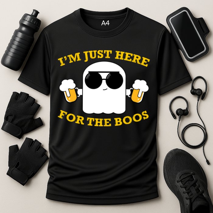 I'm Just Here for the Boos Funny Halloween Beer Ghost Emoji Cooling Performance Crew T-Shirt