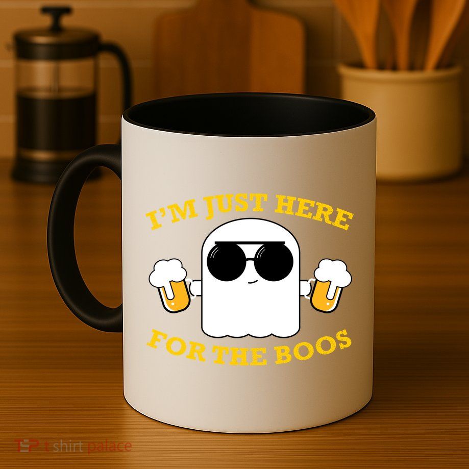 I'm Just Here for the Boos Funny Halloween Beer Ghost Emoji Coffee Mug