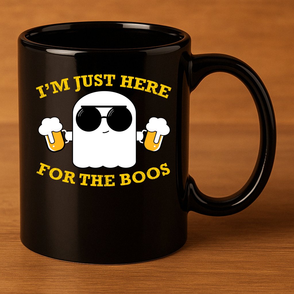 I'm Just Here for the Boos Funny Halloween Beer Ghost Emoji 11oz C Handle Ceramic Mug