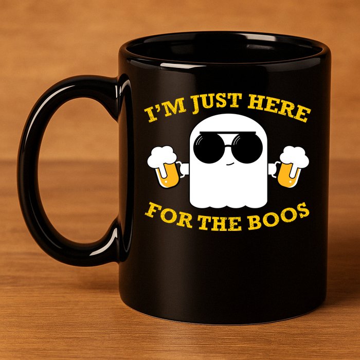 I'm Just Here for the Boos Funny Halloween Beer Ghost Emoji 11oz C Handle Ceramic Mug