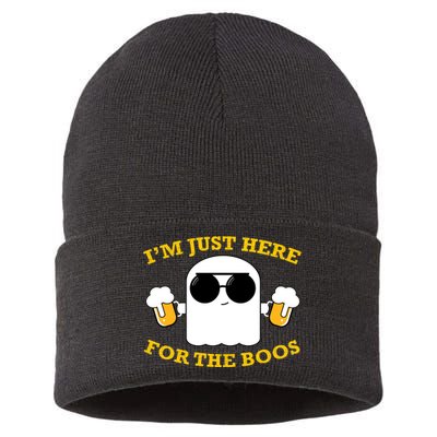 I'm Just Here for the Boos Funny Halloween Beer Ghost Emoji Sustainable Knit Beanie