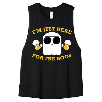 I'm Just Here for the Boos Funny Halloween Beer Ghost Emoji Women's Racerback Cropped Tank